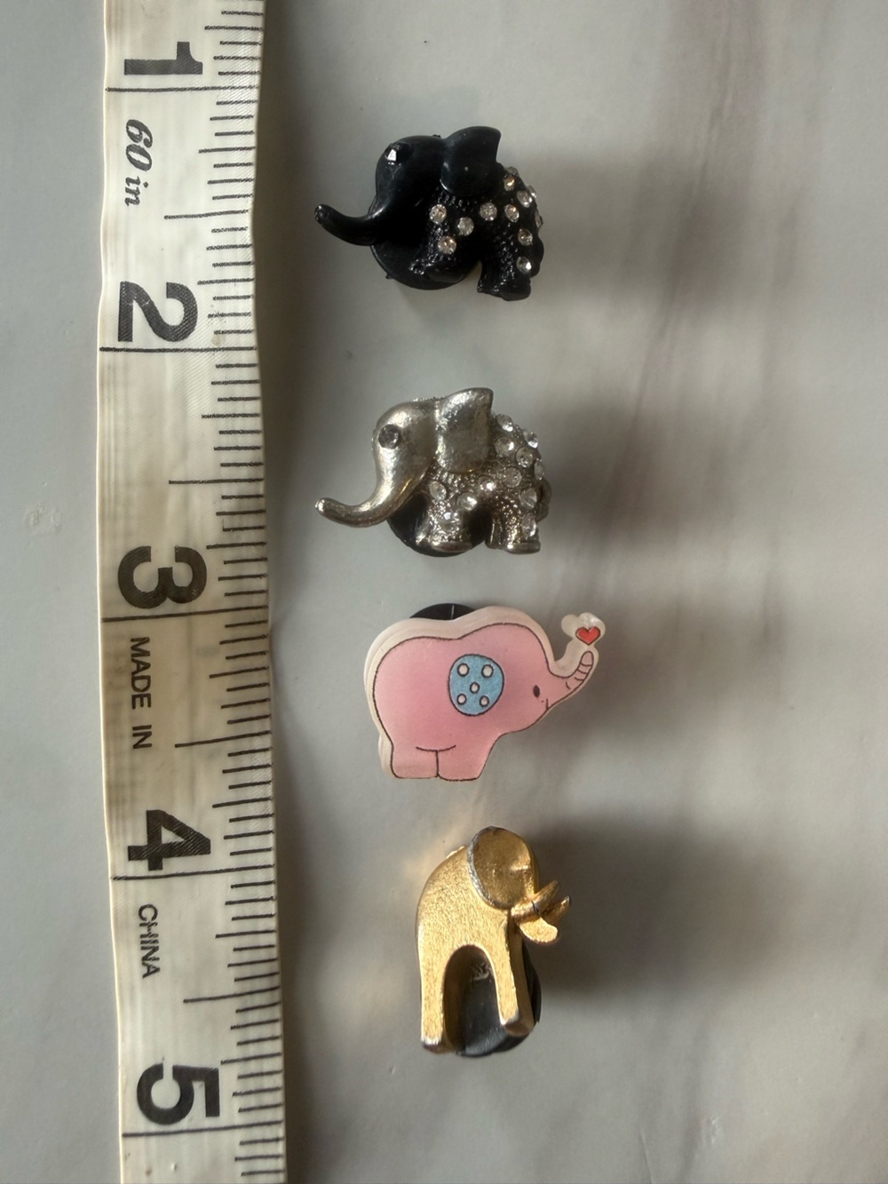 Crocs Charms, set of 4 Elephants Charms Black,Silver with rhinestones, Gold Pink